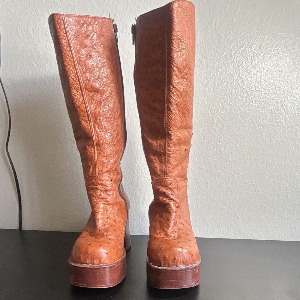 Vintage 90s Alondra Mexico Ostrich Leather Platform Boots Size 8 Orange Y2K (E)
